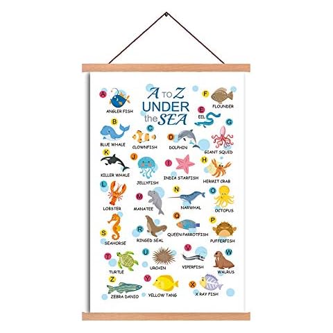 Natural Wood Magnetic Hanger Frame Poster- Ocean Animals Canvas Wall Art Print,Lovely English Alphabet Canvas Wall Art Print Cartoon Under The Sea Painting 28X45cm Frames Hanging Kit Cover