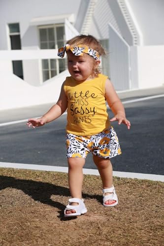 Image of Hipea Toddler Girl Outfits Floral Tops Sleeveless Tank Tops Shorts Headband Summer Clothes Set