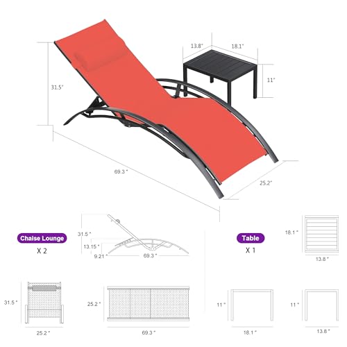 PURPLE LEAF Patio Chaise Lounge Set Outdoor Lounge Chair Beach Pool Sunbathing Lawn Lounger Recliner Chair Outside Tanning Chairs with Arm for All Weather Side Table Included Coral Red — view 2