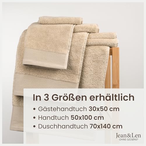 Jean & Len Gästehandtuch aus 100% Bio-Baumwolle, in der Farbe beige, mit Aufhänger, Oeko-TEX und GOTS Zertifiziert, Markenlabel aus veganem Leder, Gästehandtücher 30x50 cm