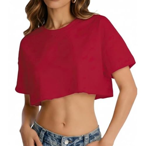 Crop Tops for Women Short Sleeve T Shirts Casual Basic Crew Neck Summer Oversized Cropped Tees X-Small Wine Red