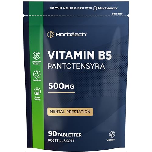 Vitamin B5 Pantotensyra 500 mg | 90 Veganska Tabletter | Pantothenic Acid B5 | Kosttillskott Hög Dosering | av Horbaach