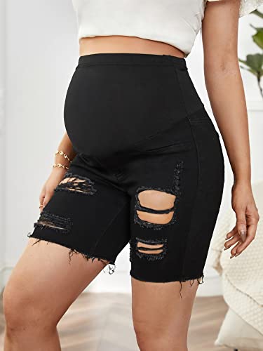 Floerns Women's Maternity Ripped Roll Hem Jeans Pregnant Denim Shorts Black M #TOP3