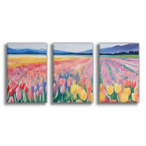 Poster de champ de tulipes pastel pour illuminer un mur sombre sans travaux