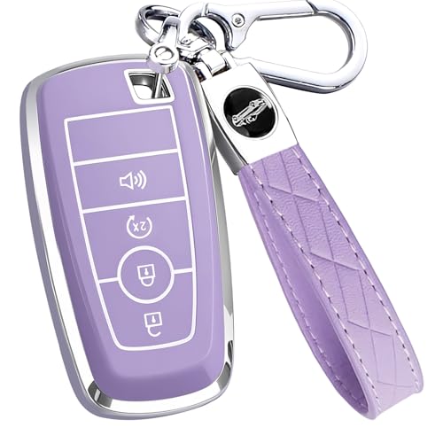 Key Fob Cover for Ford - Premium Soft TPU Shell Full Protection Case with Keychain Fits Bronco Sport Maverick Ranger Explorer Expedition Escape Edge Mustang F150 F250 F350 Fusion Purple 4-Button