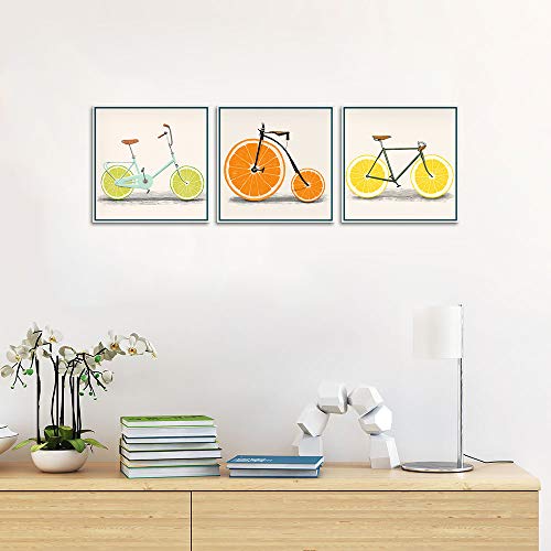 Artbones Lemon Bike Bicycle Picture Canvas Wall Art Kitchen Orange Fruit Food Pictures Wall Painting Stretched Framed Giclee Art Print Restaurant Home Dining Room Wall Decoration 12"X12"X 3 Panels #TOP5