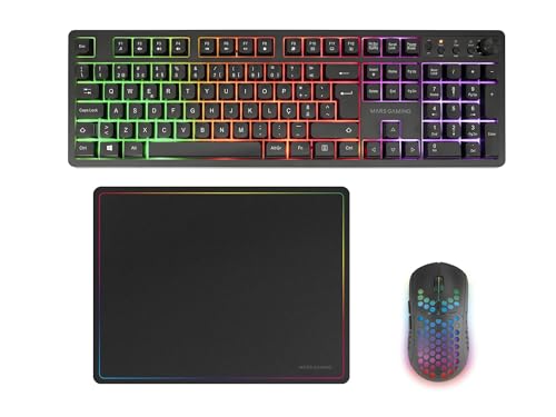 Mars Gaming MCPWX, Portugués, Combo Gaming Inalámbrico, Tecnología DualPro Link 2.4GPRO, Teclado Completo FRGB con Control Multimedia + Ratón RGB 3200DPI + Alfombrilla Antideslizante 360x260mm, Negro