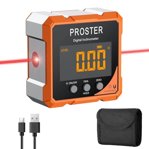 Proster USB-C Digital Angle Finder with Laser - 4-Side Magnetic Angle Gauge with IP54 Waterproof LCD VA Display Inclinometer Laser Level Box for Woodworking Carpentry Building