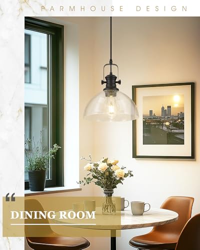 Image of 2-Pack Black Pendant Lights Kitchen Island, 10.5 inch Farmhouse Pendant Lighting with Clear Seeded Glass Shade, Vintage Hanging Light Fixtures for Dining Room, AD-22151-1P2L-BK