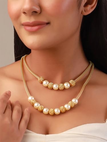 Image of Yellow Chimes Layered Necklace for Women Gold-plated Western Pearl Beads Multi layered Chain Necklace for Women and Girl