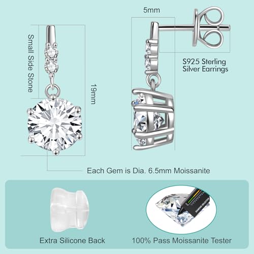 Moissanite Dangle Stud Earrings for Men Women, 2-4CT White Gold Plated 925 Sterling Silver Moissanite Drop Earrings, Jewelry Present for Her Mother Mom Wife (White Gold Plated, 2ct pair/ 1ct each)2