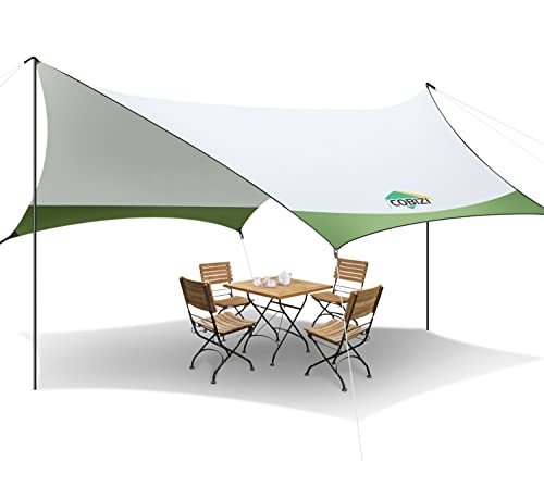 Cobizi Camping Canopy Camping Tarp Waterproof, 14×12Ft Rain Fly Rain Tarp Camping Shade With 2 Poles For Camping, Picnic, Hiking, Backpacking (Green & Grey) #TOP18