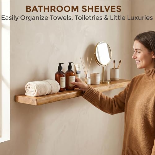 Image of Dreamland Rustic Elm Wood Floating Shelves for Wall Decor, 48 Inch Long Live Edge Wooden Floating Shelves Wall Mounted, 8 Inch Deep Wall Shelf for Bathroom, Living Room, Kitchen, Bathroom, Natural