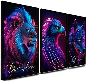 Kit 3 Quadro Decorativo Disciplina Execução Foco Leão Lobo Águia