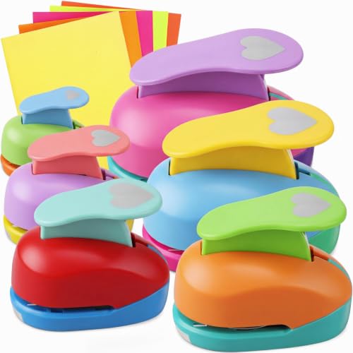 Image of CHENGU 6 Pcs Heart Punch Set 3in /2in /1.5in /1in /0.6in /0.3in Scrapbook Hole Punchers Crafting with 10 Sticker Paper Heart Cutter Scrapbook for Office Supplies DIY Albums Photos(Multicolor)