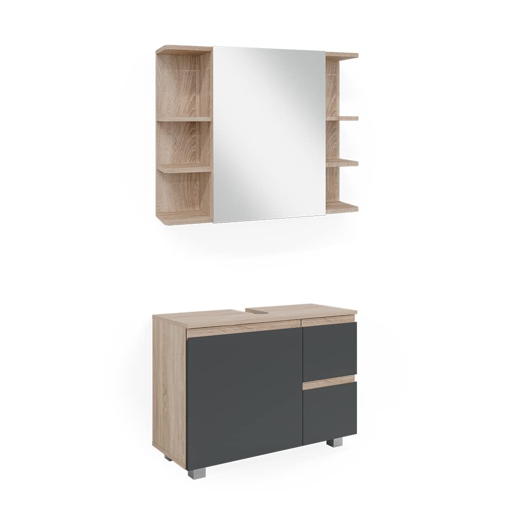Vicco Set mobili bagno J-Shape, Sonoma, 80 cm, composto da specchio da bagno e mobile sottolavabo