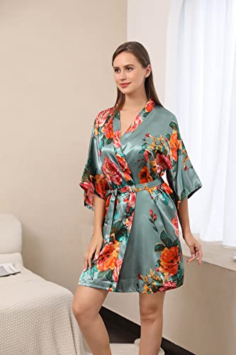 QXQTER Peony Floral Silky Satin Robe Wedding Bridal Party Bride Bridesmaid Robes for Women Dressing Gown Kimono Robe2