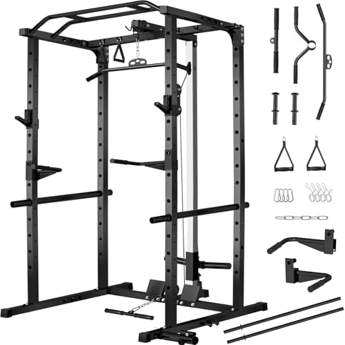 JEEKEE Power Rack with LAT Pulldown, 2000LBS Power Cage with Cable System, Multi-Function Squat Rack with J-Hooks, Safety Bars, Landmine, Pull Up Bar & Attachments for Home Gym Strength Training,Black