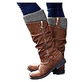 Lausiuoe Womens Boots Mid Calf Leather Women's Mid Calf Pull On Winter Boots Low Heel Chunky Block Side Zip Slouchy Western Cowboy Booties Warm Non Slip Outdoor Shoes Brown