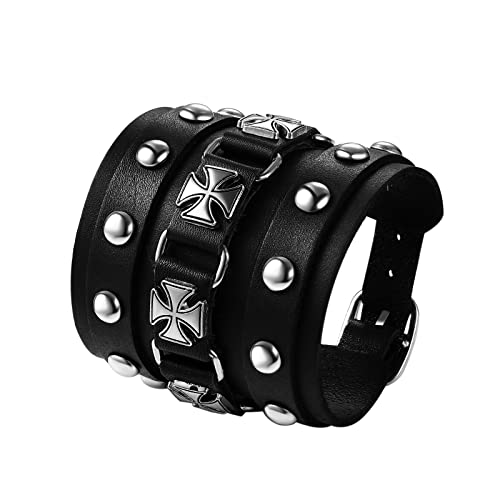 Flongo Manchette Homme, Bracelet de Force Cuir Punk Rock Gothique, Bracelet Motard Biker Large Noir avec Rivet et Bouton, Cadeau pour Homme