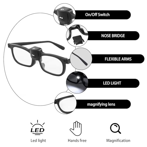 Magnifying Glasses With Light, 250% Magnifying Glasses For Reading, Big Vision Glasses With Lights, Reading Glasses With Lights, Suitable For Reading, Close Work, Hobbies, Crafts, Jewelers (Black) - 3