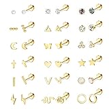 JeryWe 18 Paires Lot Boucle D'oreille Femme en Acier Chirurgical Cartilage Stud Piercing Clou d'Oreille Hypoallergénique Plat Helix Tragus Piercing Bijoux Etoile Lune CZ Oreille Or