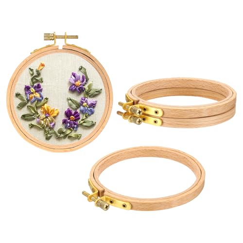Image of PATIKIL 4 Pieces 4 Inch Embroidery Hoops Round Adjustable Beach Wood Circle Cross Stitch Hoop Ring Bulk for Embroidery Art Craft Handy Sewing Decoration
