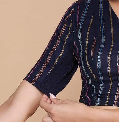 Image of Studio Shringaar Women's Cotton Handloom Stripes Stretchable (Smocked) Readymade Saree Blouse