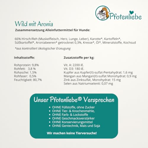 Pfotenliebe® Bio-Nassfutter für Hunde, Wild mit Aronia, natürlich ohne Chemie undmit Qualitätsgarantie, getreidefrei, 6 x400g (Dose)