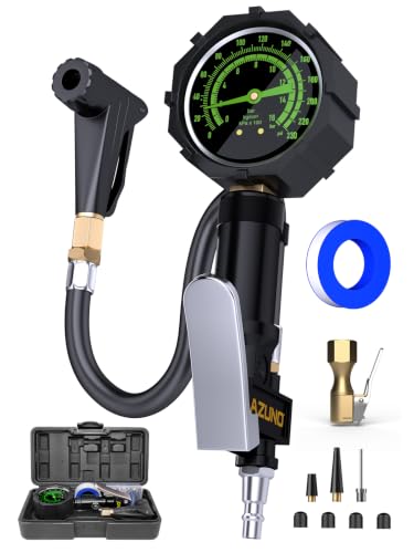 Image of Bike Tire Inflator with 230 PSI Dual-Scale Glow Analog Pressure Gauge, Universal Presta & Schrader Locking Air Chuck for Air Compressor, 360 Swivel Hose, Brass Chuck, Inflation Kit with Storage Case