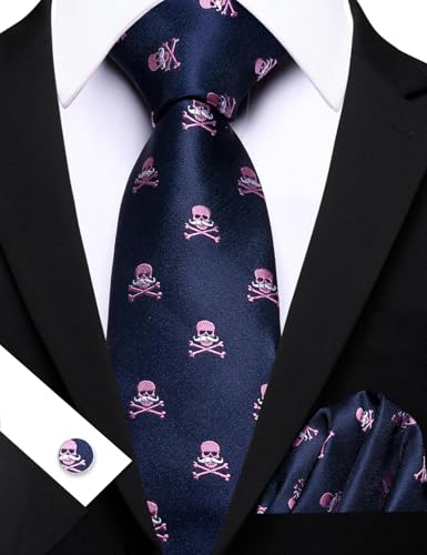 Image of Barry.Wang Man Tie Sets Skull Ties Animal Extra Long Necktie Silk Woven Handkerchief Cufflinks Festival Party Gift