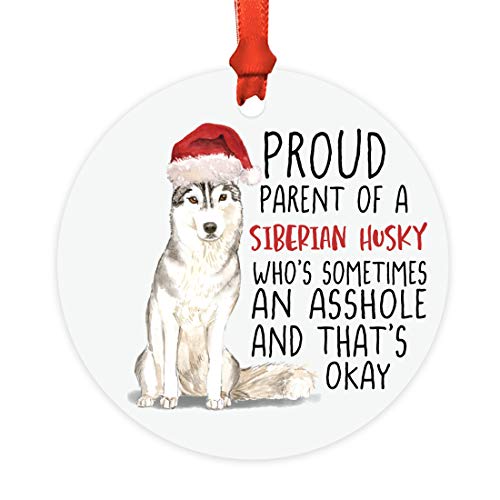Andaz Press Round MDF Natural Wood Christmas Tree Ornament Dog Lover's Gift, Proud Parent of a Siberian Husky, Watercolor, 1-Pack, Pet Animal Birthday Gift for Him Her Dog Mom Family