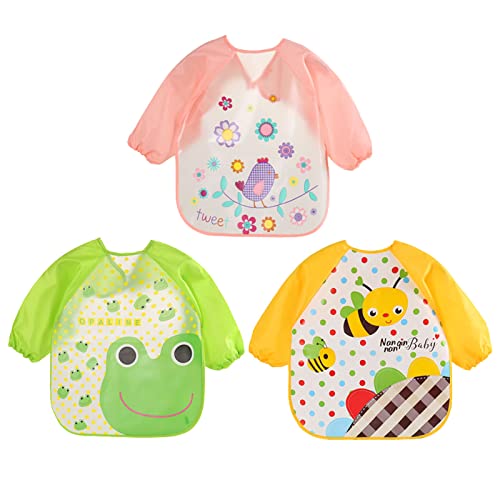 Listado de Chaquetas impermeables para Bebé los 5 mejores. 50 Talkcute Baberos para Bebé Niño Niña, Impermeable con Mangas, Juego de 3, para Niños de 6 a 36 Meses (Pájaro abeja rana)