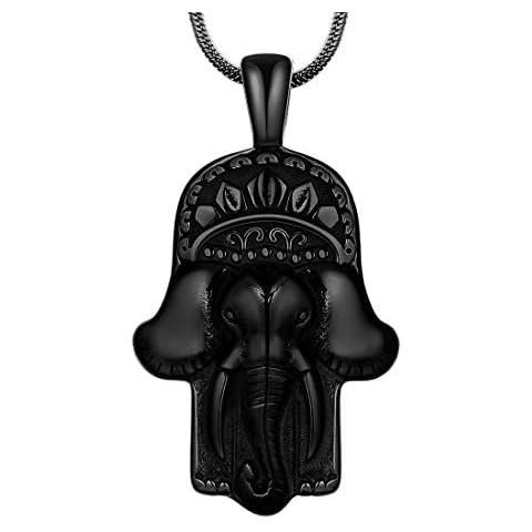 Hamsa Hand Necklace for Men - Hamsa Hand Elephant Necklace Mens 316L Stainless Steel Animal Elephants Pendant Black Gun Plated Hip-hop Fatima Hand Jewelry Amulet Protection Gift SP0043B Cover