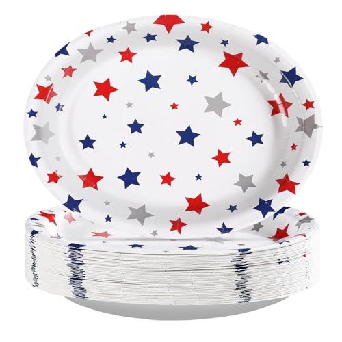 Grencian 50Pcs 4th of July Oval Paper Plates 10" x 12" Patriotic Red White Blue Star Plate American Flag Plates for 4th of July Veterans Independence 250th Anniversary Memorial Day Party Decorations