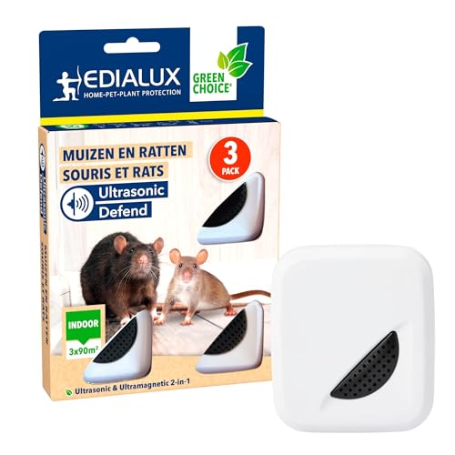 Edialux Répulsif ultrasons Souris et Rats Lot de 3 pour IntéRieur, Ondes sonores Anti rongeurs, Solution sans Danger pour Animaux, Chaque Appareil Couvre 90 m2