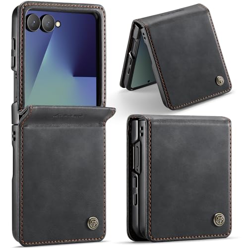 Lonjanfon Handyhülle für Samsung Galaxy Z Flip 7 5G Hülle Premium Lederhülle RFID Schutzhülle Weiches Vintage Flip Case Tasche Magnet Kartenfach Wallet Klapphülle Schutzhülle Schwarz