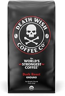 Death Wish Coffee Dark Roast Grounds - 16 Oz - The World's Strongest Coffee - Bold & Intense Blend of Arabica & Robusta Beans - USDA Organic Ground Coffee - Dark Coffee for Morning Boost