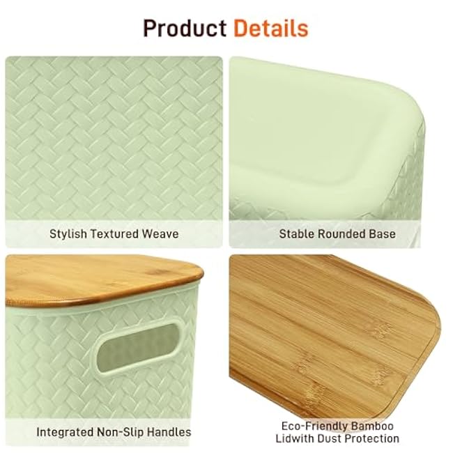 Soddeph 4 Packs Plastic Storage Bins with Bamboo Lids,Stackable Storage Containers with Lids, Storage Baskets for Organizing Desktop, Classroom, Office (Green)