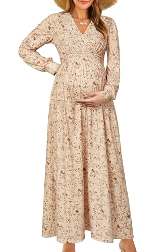 OUGES Women's Pregnancy Fall Baby Shower Maternity Dress(Apricot Floral,S)