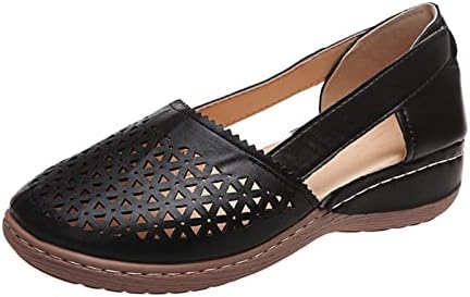 Women's Leather Baotou Hollow Wedge Sandals,Summer Round Closed Toe Low Heel Sandals,Comfortable Breathable Elastic Sandals. (Black,9.5)
