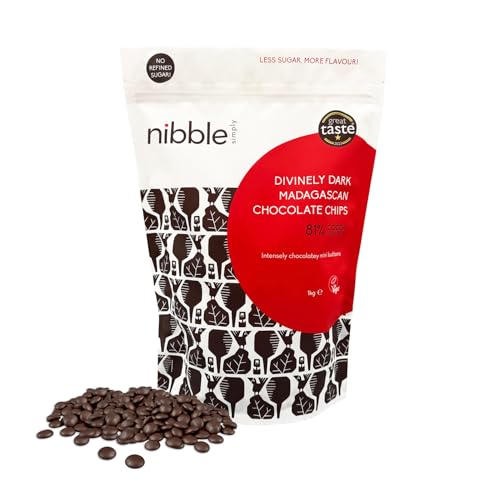 Nibble Simply 1kg Divinely Dark Madagascan Chocolate Chips, 81% Cocoa Mass - Single Origin - Vegan - No Refined Sugar