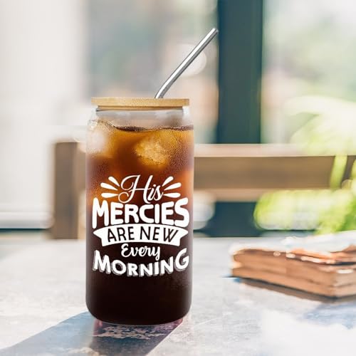 Luckluccy Glass Coffee Cups with Lids And Straw His Mercies Are New Every Morning Glass Cup Can Beer Cups Cups Great For Soda Whiskey Coffee 16 OZ