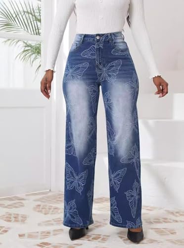 Stretchy Wide Leg Jeans for Women High Waisted Butterfly Print Vintage Straight Leg Jeans Cute Baggy Mom Denim Pants4