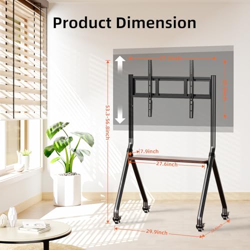 BEISHI Mobile Rolling TV Stand for 32 to 80 Inch LCD LED OLED Screens,Portable TV Stand on Wheels,Height Adjustable TV Cart with Wood Media Shelf,Heavy TV Stand Up to 110Lbs,Max VESA 600x500mm (black)