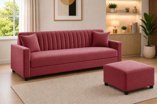Image of 3 Seater Sofa with Ottoman | Modern Upholstered Couch | Vertical Channel Tufted Backrest | Comfortable Cushioned Seating | Contemporary Sofa Set for Living Room - Rose Pink Color