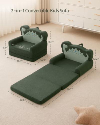 Image of Blissful Diary Foldable Kids Couch, 2-in-1 Kids Sofa Chair, Green Dinosaur