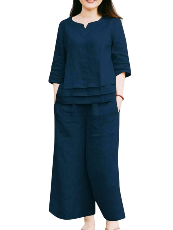 Discover the Latest Fashion and Beauty Products on Amazon 16 Women's Cotton Linen Co-ord Set, 3/4 Sleeve Top with Wide-Leg Tro...