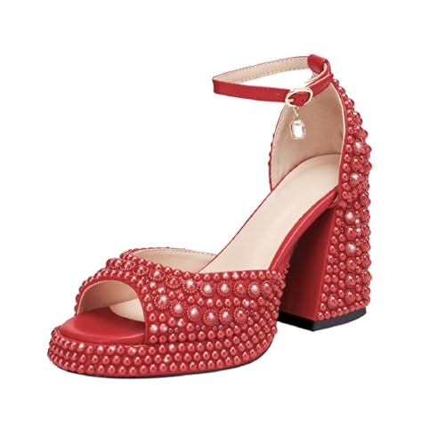 Image of Goolita Womens Open Toe Pearl Platform Heels For Women Chunky Buckle Ankle Strap Wedding Heeled Sandals Dress Evening Bride Bridal Shoes