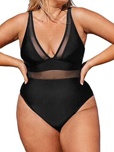 CUPSHE Women Plus Size One Piece Swimsuit V Neck Mesh Sheer Tummy Control Bathing Suit with Adjustable Wide Straps, 0X Black